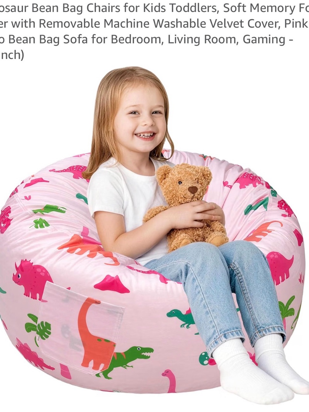 Pink Dinosaur Kids Bean Bag Chair - Soft Velvet Seat